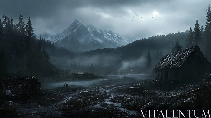 Storm-lashed mountain valley frames an abandoned wooden cabin.