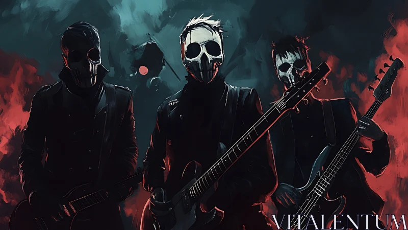 Masked rock musicians stand with guitars in stylized lighting