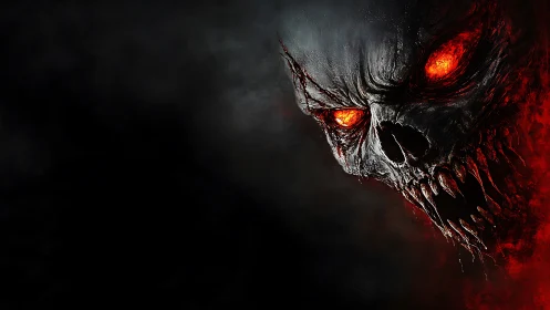 Demonic skull portrait with burning red eyes in darkness.