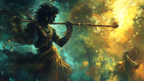 Mythic warrior wielding golden staff in radiant forest.