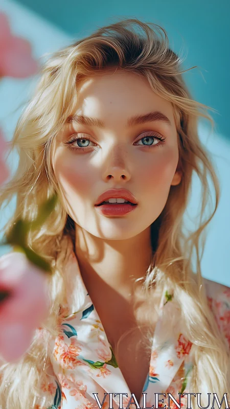 Sunlit blossom muse with ocean eyes in floral whispers.