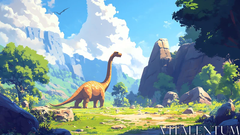 Sauropod dinosaur roams bright prehistoric valley landscape.
