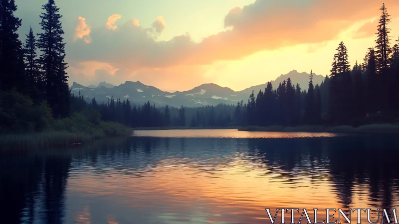 Twilight paints a serene alpine lake in ember-kissed hues.