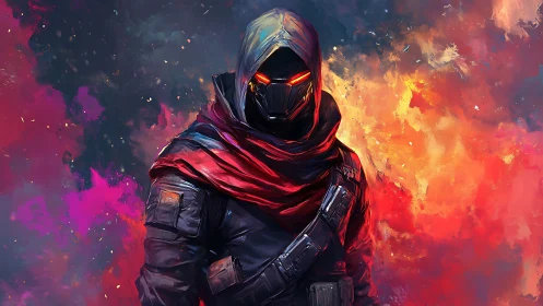 Cyberpunk hooded sentinel against molten chroma nebula field.
