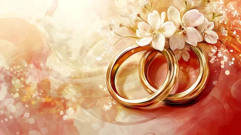 Gold wedding rings lie intertwined beside pale flowers