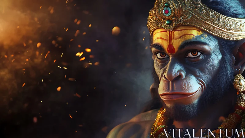 Divine simian warrior portrait under ember-lit dusk glow.