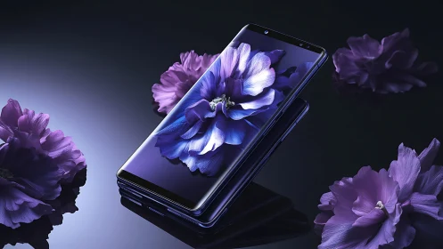 OLED smartphone render with violet macro florals and reflections.