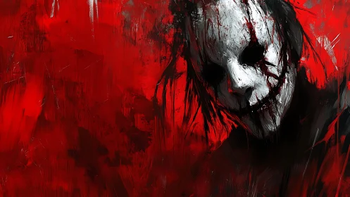 Haunting masked figure drifting through a storm of red paint.