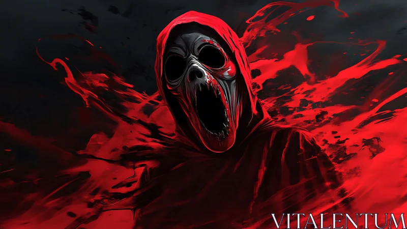 Crimson wraith erupts from darkness in screaming scarlet storm.