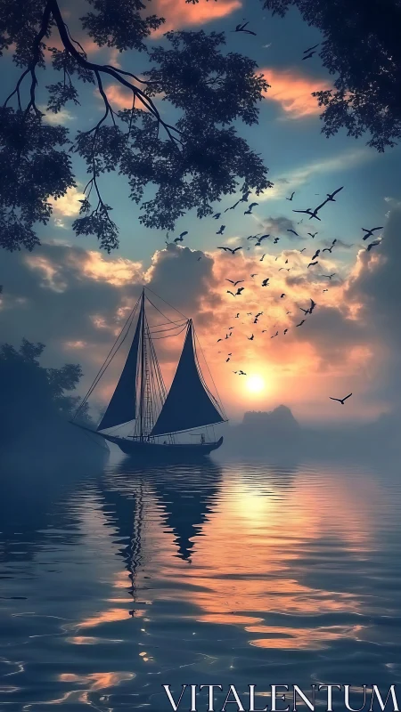 Sailboat crosses misty lake beneath vivid sunset sky