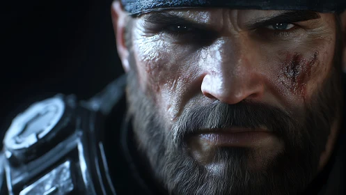 Weathered warrior’s steady gaze under battleworn armor.