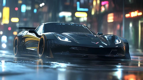 Midnight supercar prowls neon streets under restless rain