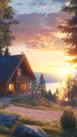 Digital painting of lakeside timber cabin at golden hour light.