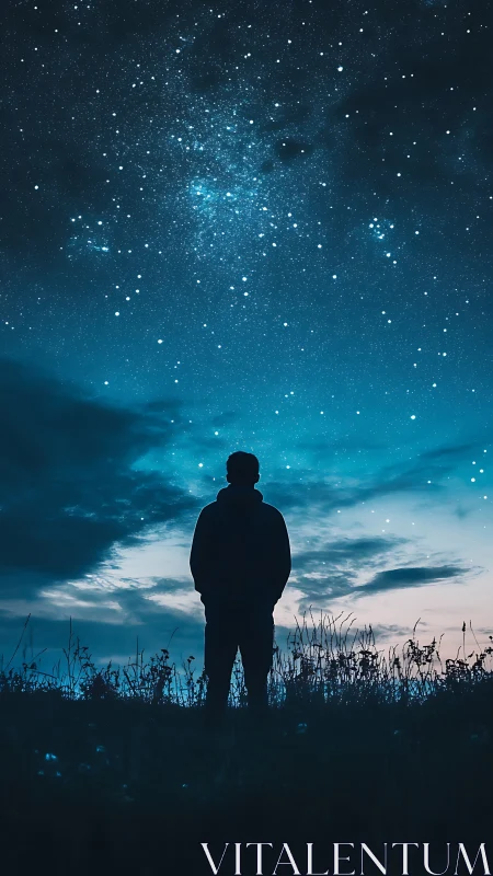 Silhouetted observer beneath expansive blue nocturnal starfield.