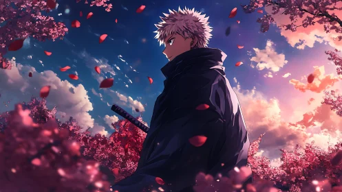 Sword-carrying figure under cherry blossoms at sunset.