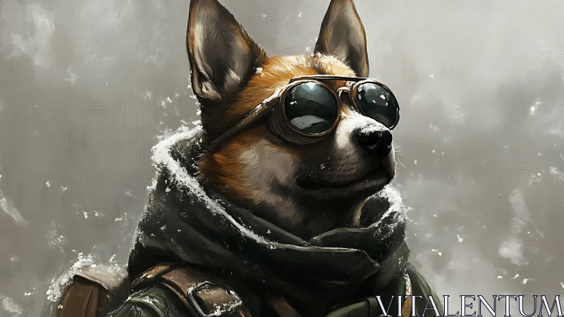 Dog in winter gear wearing goggles in snowy environment.