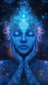 Luminescent cosmic avatar rendered with intricate fractal linework