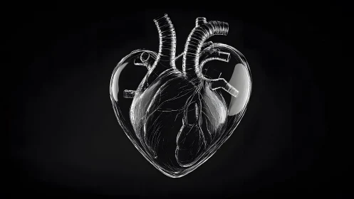 Glass Anatomical Heart Illustration on Black Background.