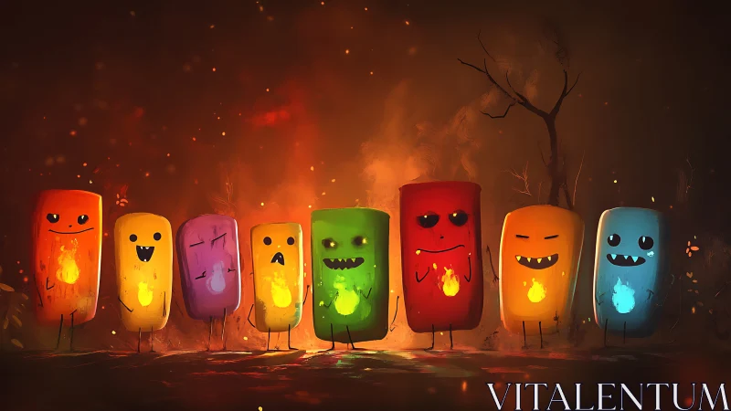 Colorful fire spirit friends glowing in a cozy night forest.