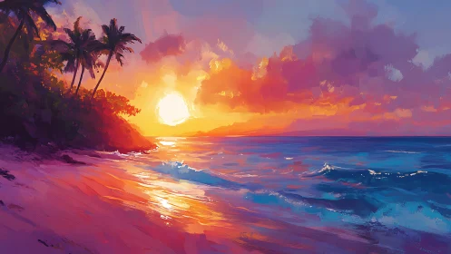 Tropical beach sunset with palm trees and vivid colors.