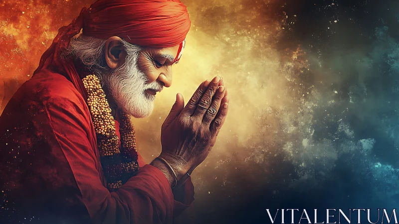 Elderly sage bows in prayer within radiant cosmic light
