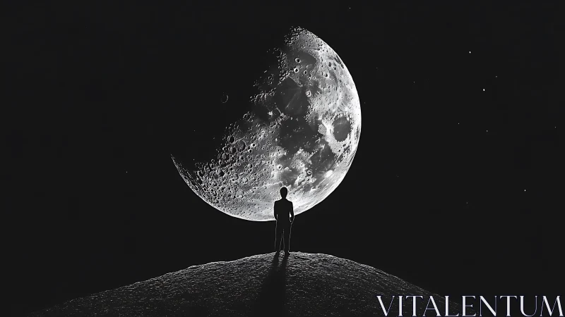 Solitary dreamer studies a colossal moon in silent orbit