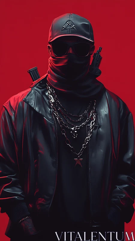 Masked street figure in black jacket on red backdrop.