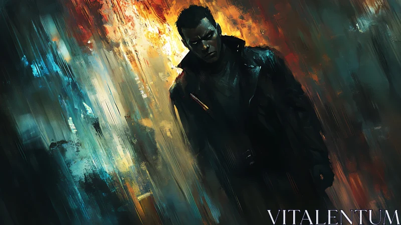 Brooding urban guardian walking through fire and shadow.