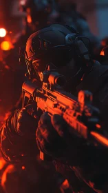 Tactical operator aiming rifle in red-lit close quarters.