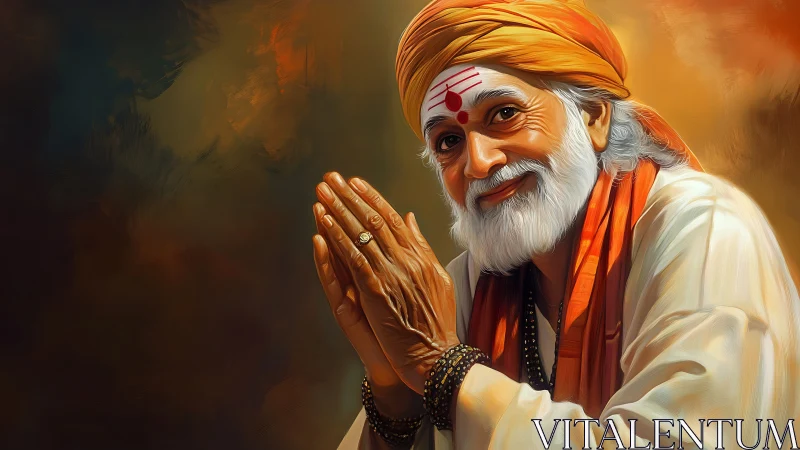 Elderly Hindu holy man in namaste pose, warm colors.