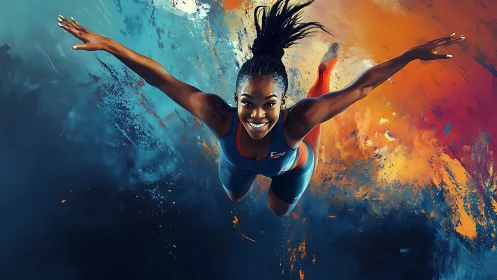 Dynamic female athlete diving across bold paint colors.