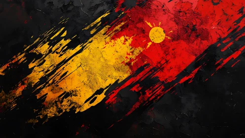 Diagonal red, yellow and black abstract field with sun disc