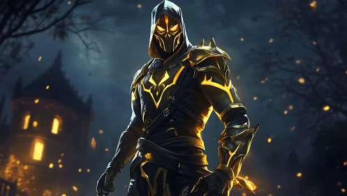 Hooded luminous knight in gold-trimmed tactical plate armor.