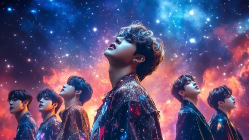 Stellar portraits align a luminous boy band within nebular light