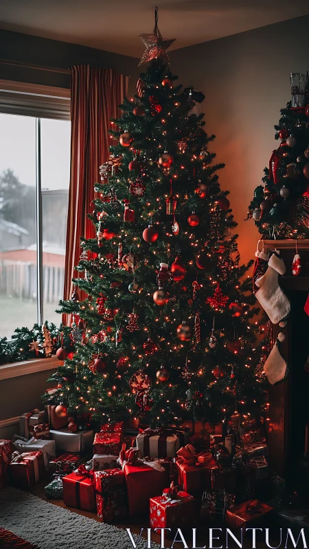 Twinkling red ornaments turn the Christmas tree into starlight