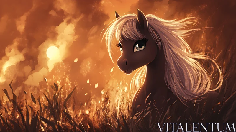 Gentle anime pony gazes through glowing sunset meadow light
