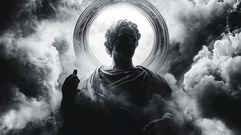 Backlit stone figure with halo framed by dense dark clouds.
