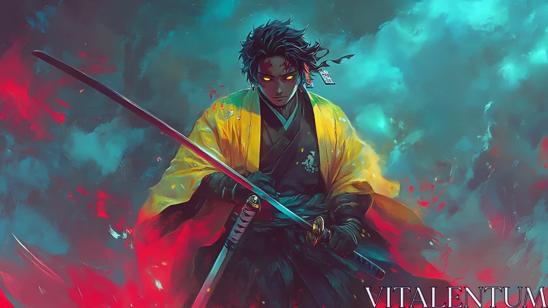 Spectral katana wielder in chromatic turbulent atmosphere.