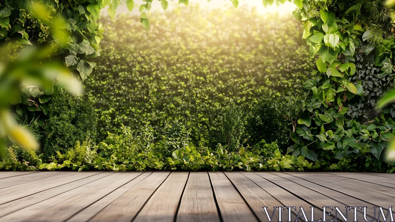Timber deck foreground framing sunlit vertical garden enclosure.