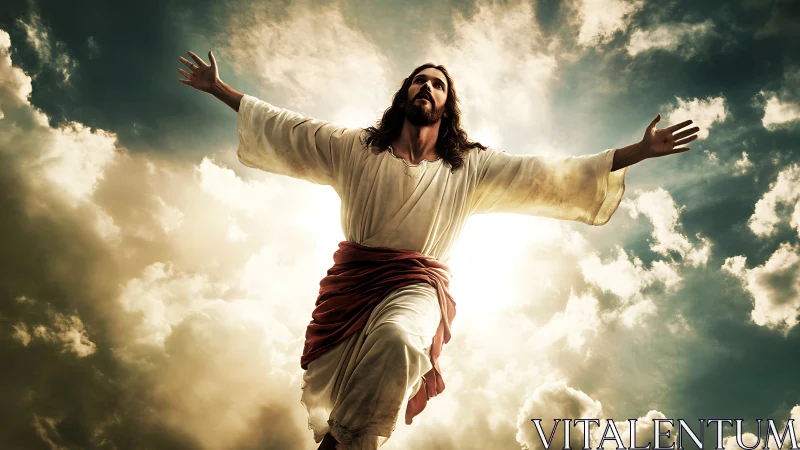 Radiant robed savior rising through sunlit storm clouds.