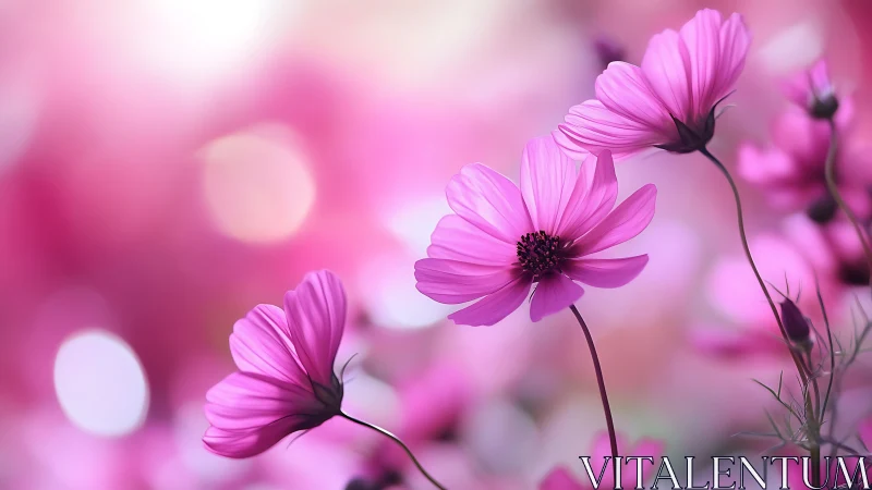 Pink cosmos flowers in shallow depth field composition.