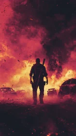 Silhouetted armed figure walks through burning wrecked cars