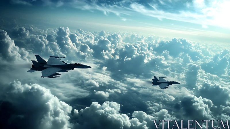 Fighter jets slicing through sunlit storm cloud ceiling.