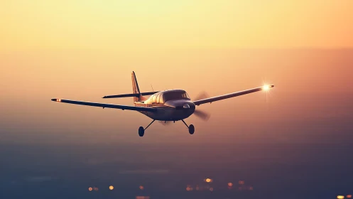 Single engine aircraft on stabilized sunset approach path.