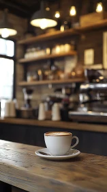 White ceramic coffee cup rests on wooden caf&eacute; counter