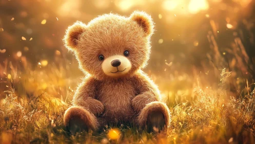 Fluffy teddy bear relaxing in golden evening sunshine.