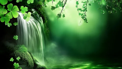 Emerald forest waterfall cascades beside glowing clover pool