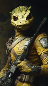 Lizard soldier portrait with rifle in cinematic yellow armor.