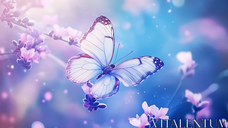 Digital painting of violet butterfly in pastel bokeh field.