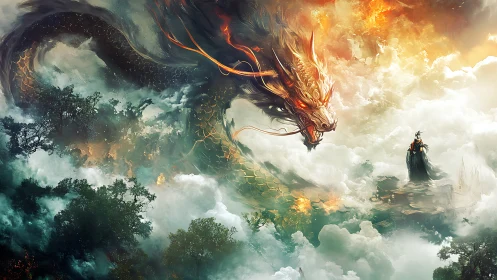 Large dragon confronting lone figure above clouded landscape.